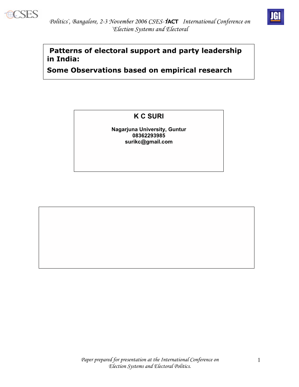 Patterns of Political Leadership and Electoral Support in India