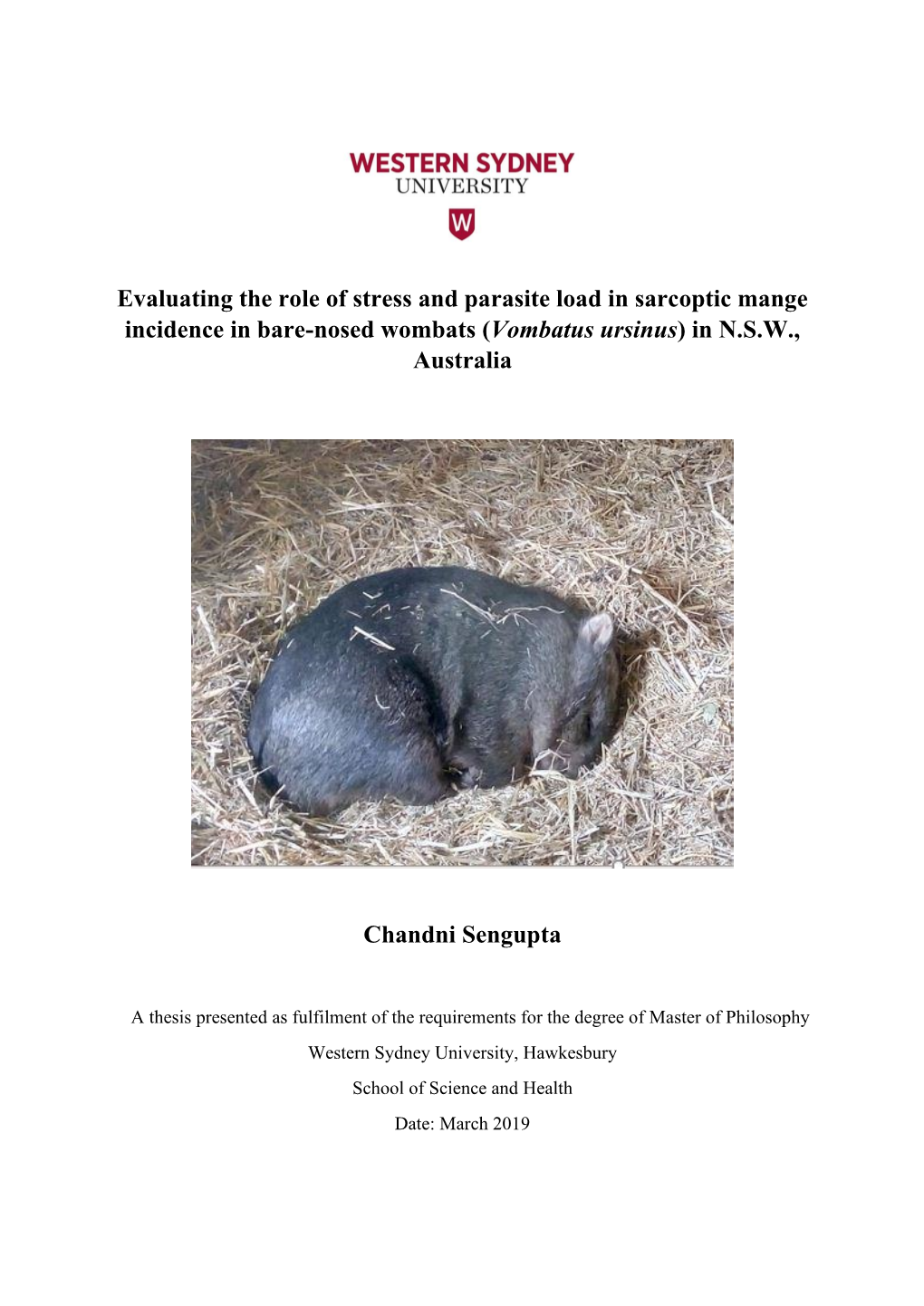 Evaluating the Role of Stress and Parasite Load in Sarcoptic Mange Incidence in Bare-Nosed Wombats (Vombatus Ursinus) in N.S.W., Australia