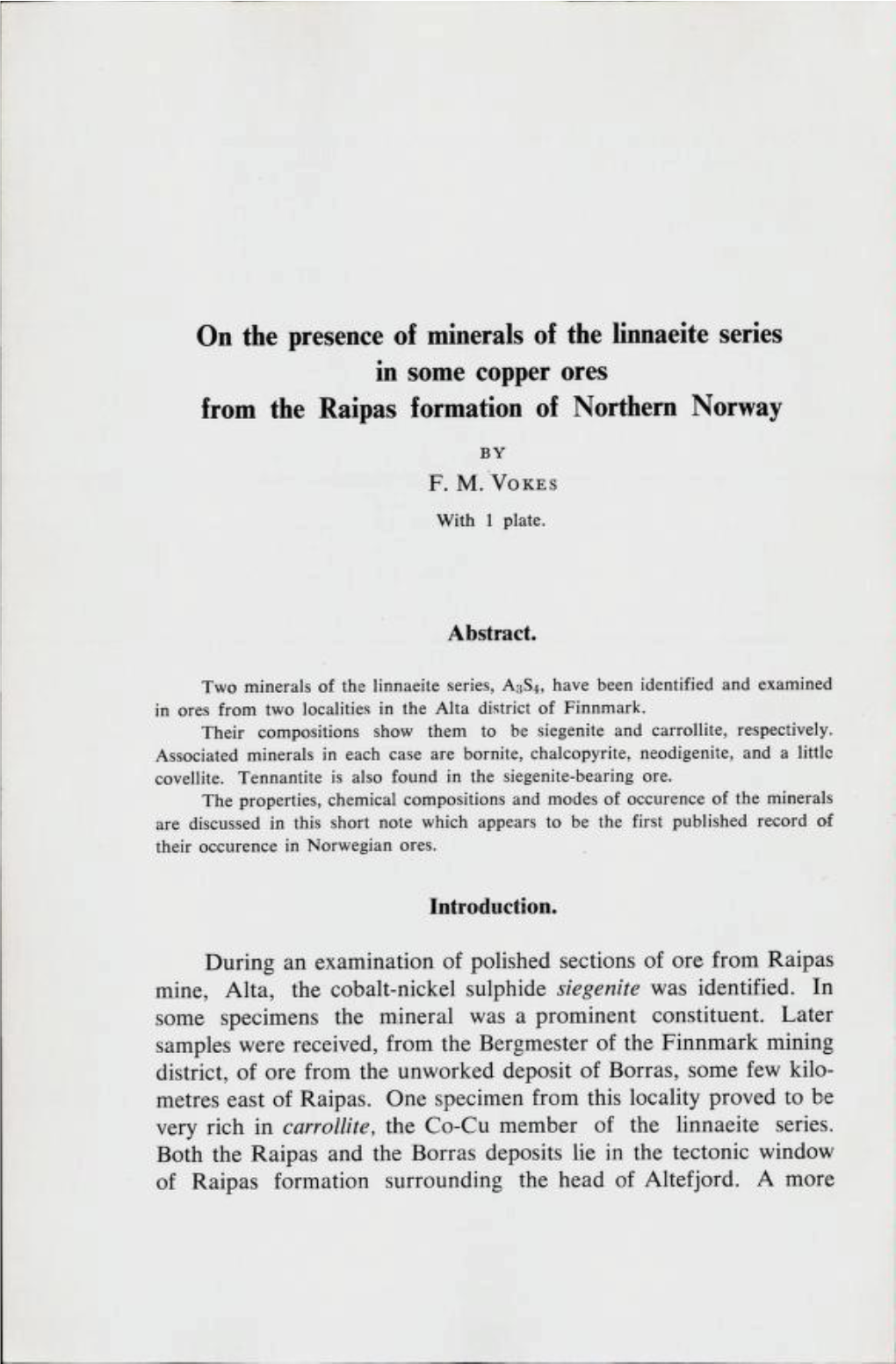 On the Presence of Minerals of the Linnaeite Series in Some Copper Ores from the Raipas Formation of Northern Norway by F