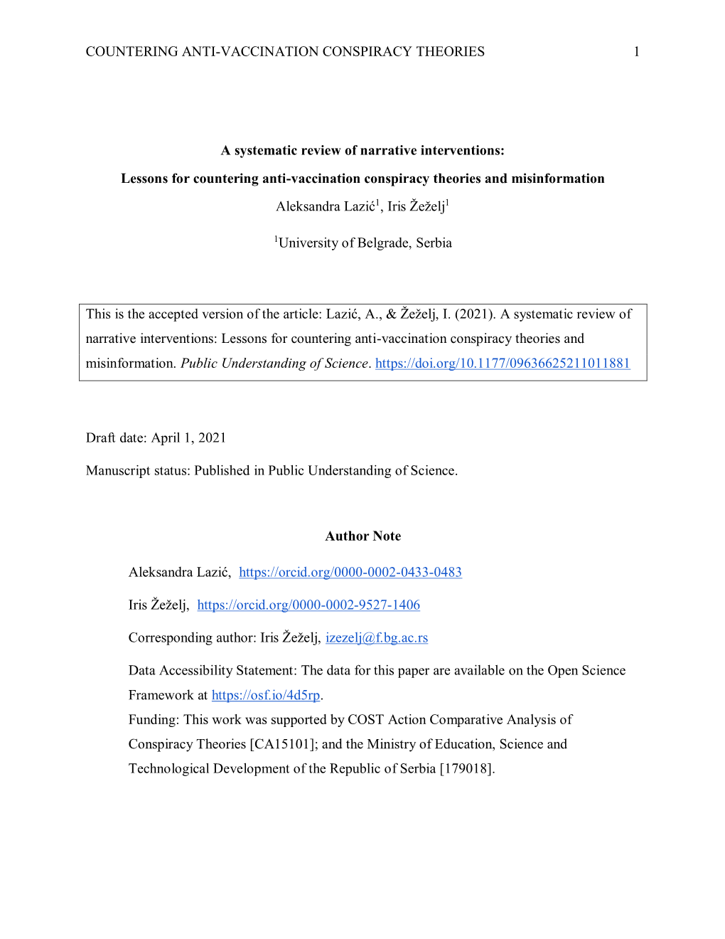 COUNTERING ANTI-VACCINATION CONSPIRACY THEORIES 1 a Systematic Review of Narrative Interventions: Lessons for Countering Anti-Va