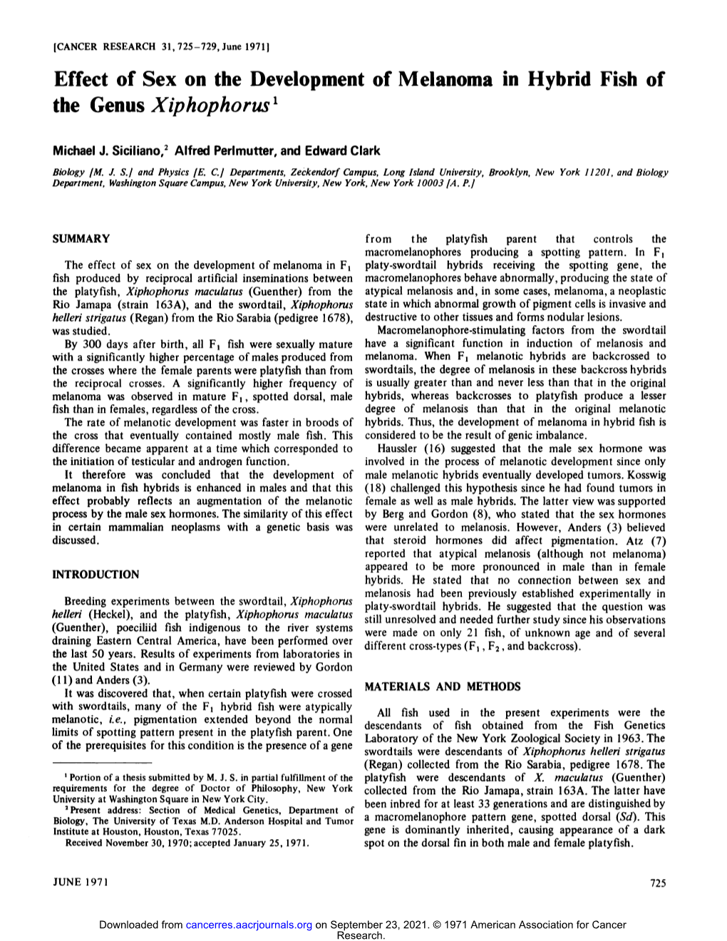 Effect of Sex on the Development of Melanoma in Hybrid Fish of the Genus Xiphophorus'