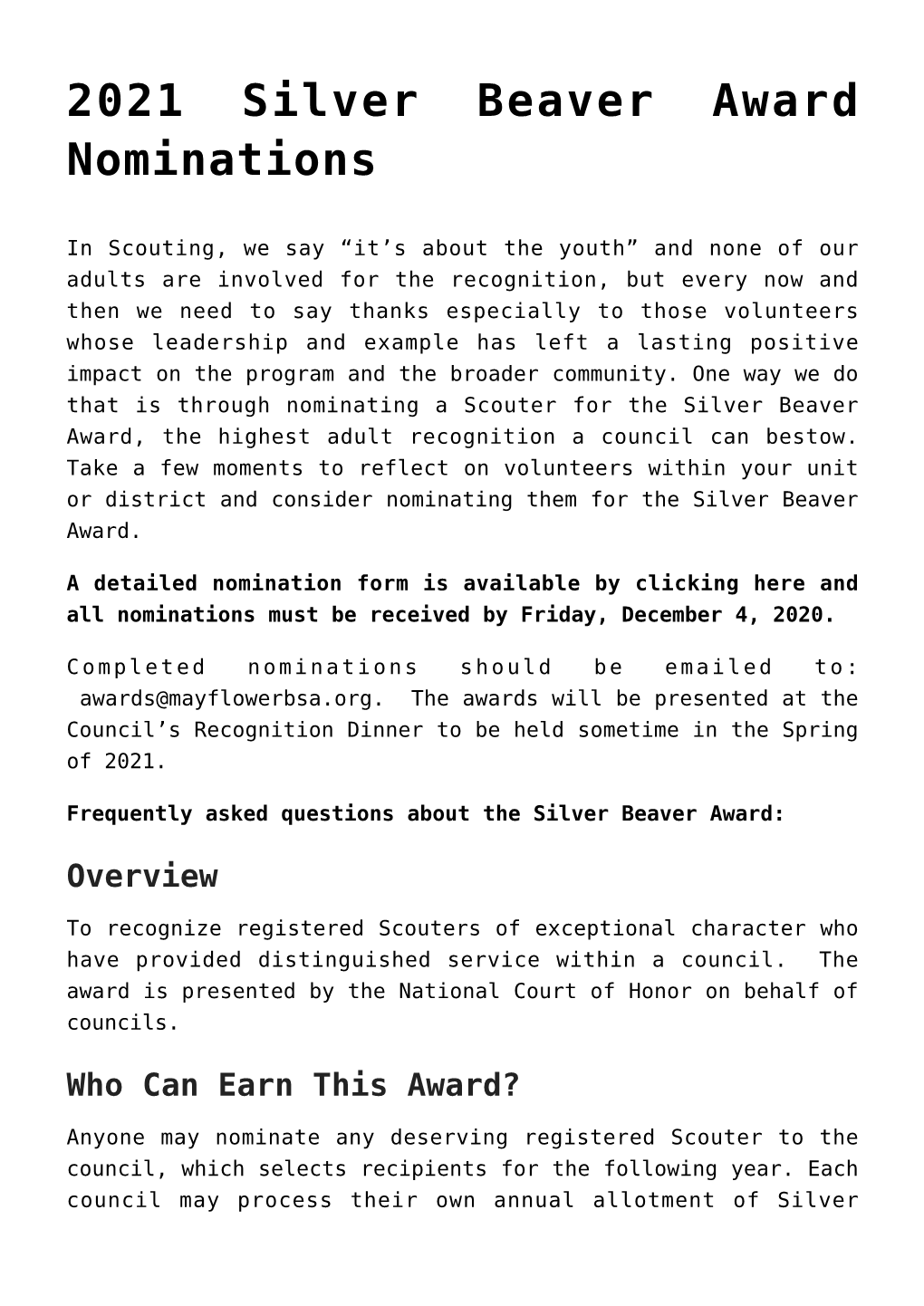 2021 Silver Beaver Award Nominations,Mayflower Council