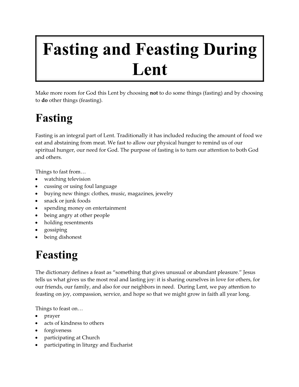 Fasting and Feasting During Lent