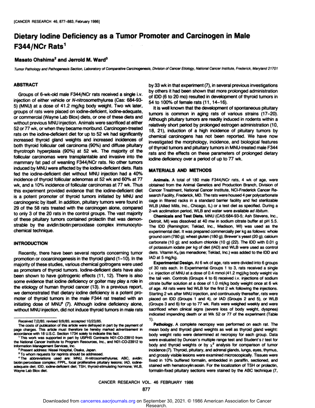 Dietary Iodine Deficiency As a Tumor Promoter and Carcinogen in Male F344/Ncr Rats1