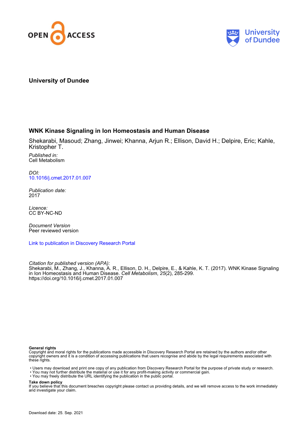 University of Dundee WNK Kinase Signaling in Ion Homeostasis And