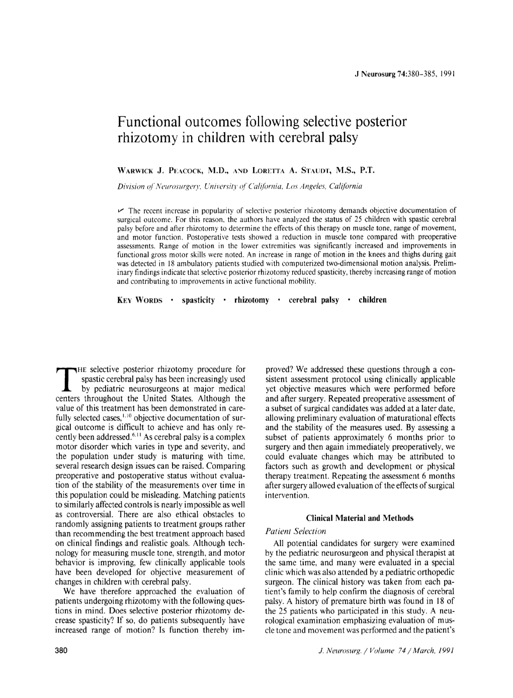 Functional Outcomes Following Selective Posterior Rhizotomy in Children with Cerebral Palsy