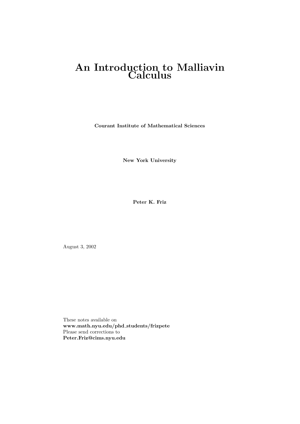 An Introduction to Malliavin Calculus