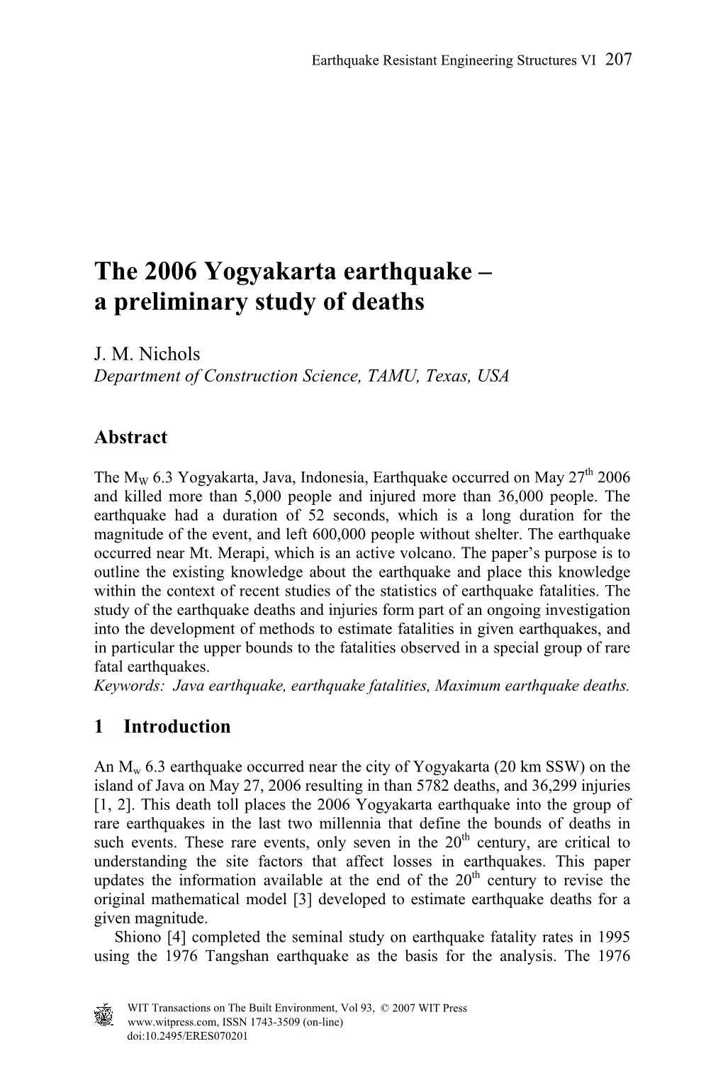 The 2006 Yogyakarta Earthquake – a Preliminary Study of Deaths