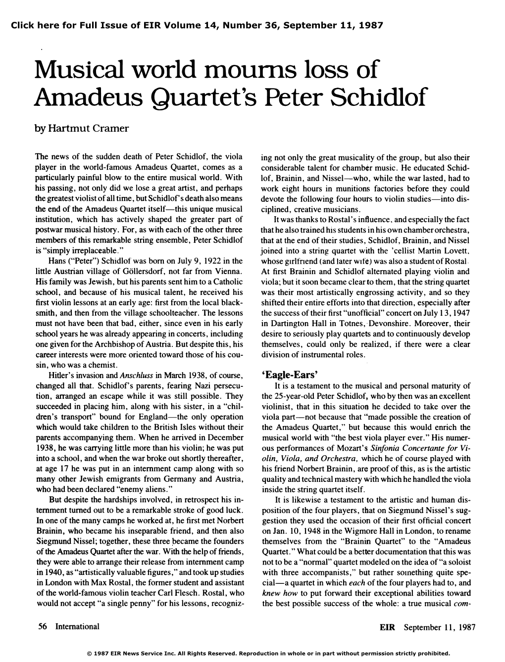 Musical World Mourns Loss of Amadeus Quartet's Peter Schidlof