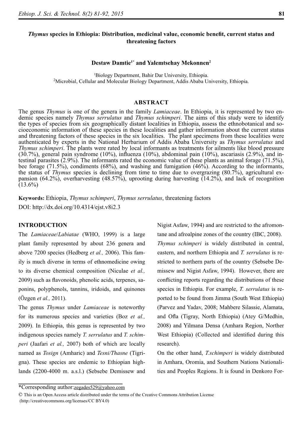 81-92, 2015 81 Thymus Species in Ethiopia: Distribution, Medicinal