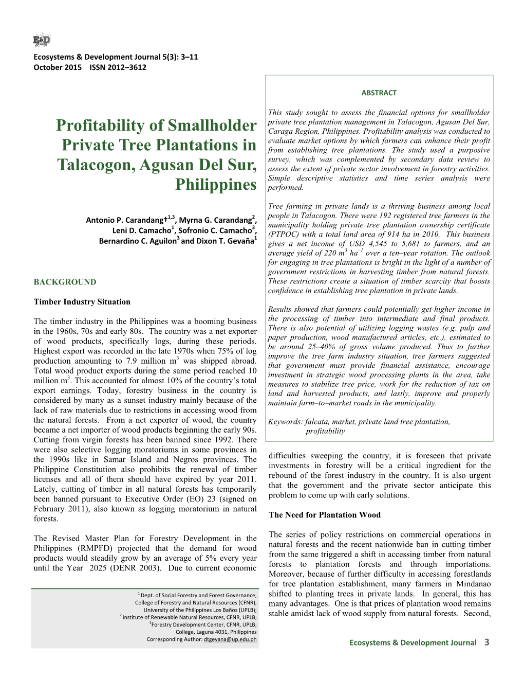 Profitability of Smallholder Private Tree Plantations in Talacogon, Agusan Del Sur, Philippines