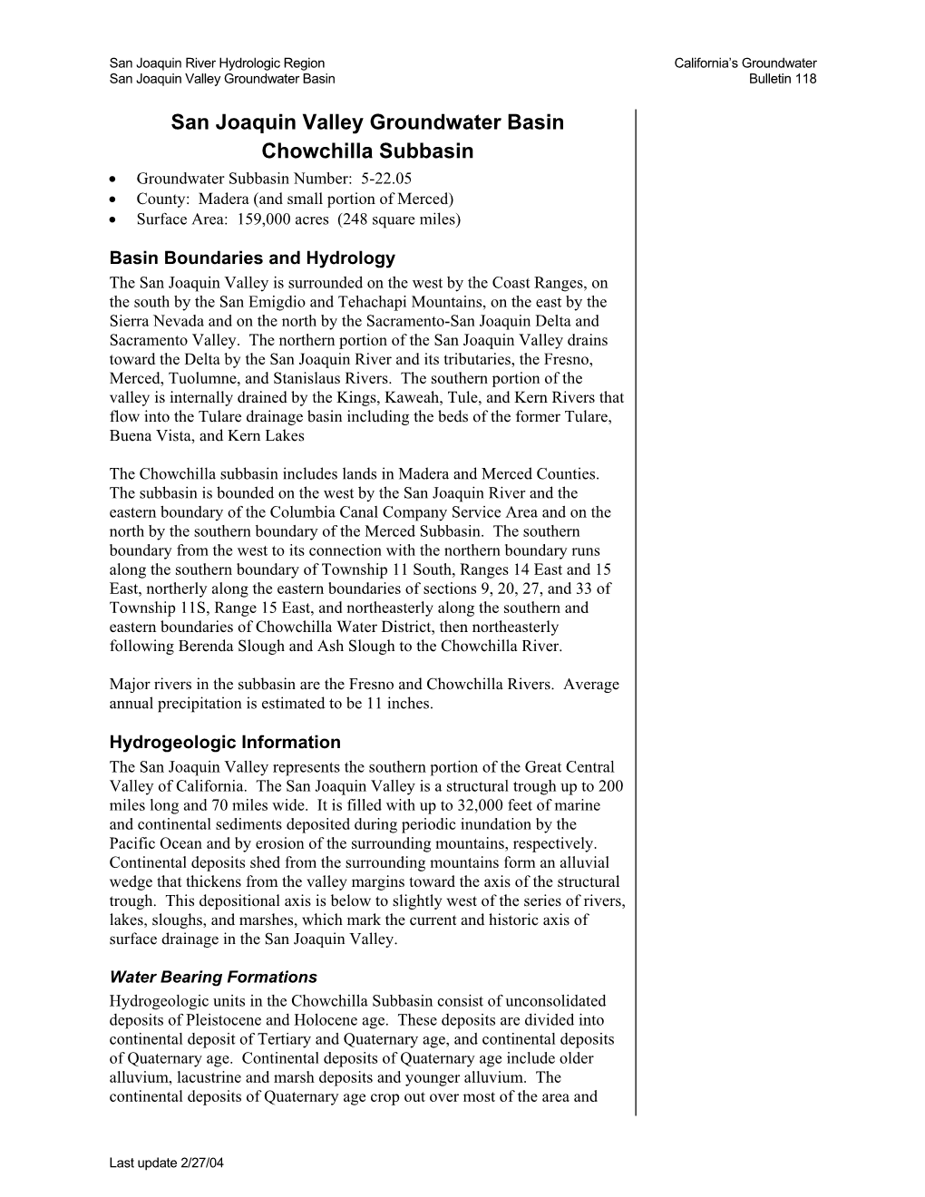 San Joaquin Valley Groundwater Basin Chowchilla Subbasin