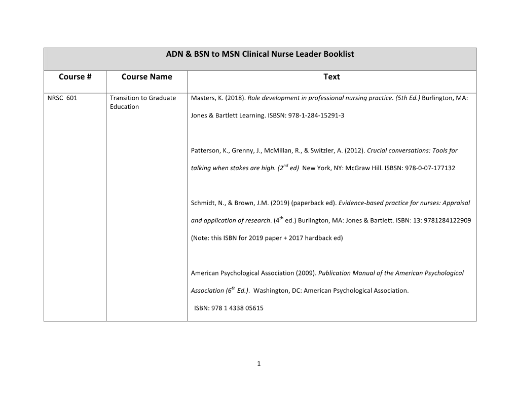 ADN & BSN to MSN Clinical Nurse Leader Booklist Course # Course