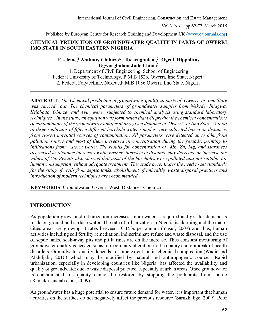 Chemical Prediction of Groundwater Quality in Parts of Owerri Imo State in South Eastern Nigeria