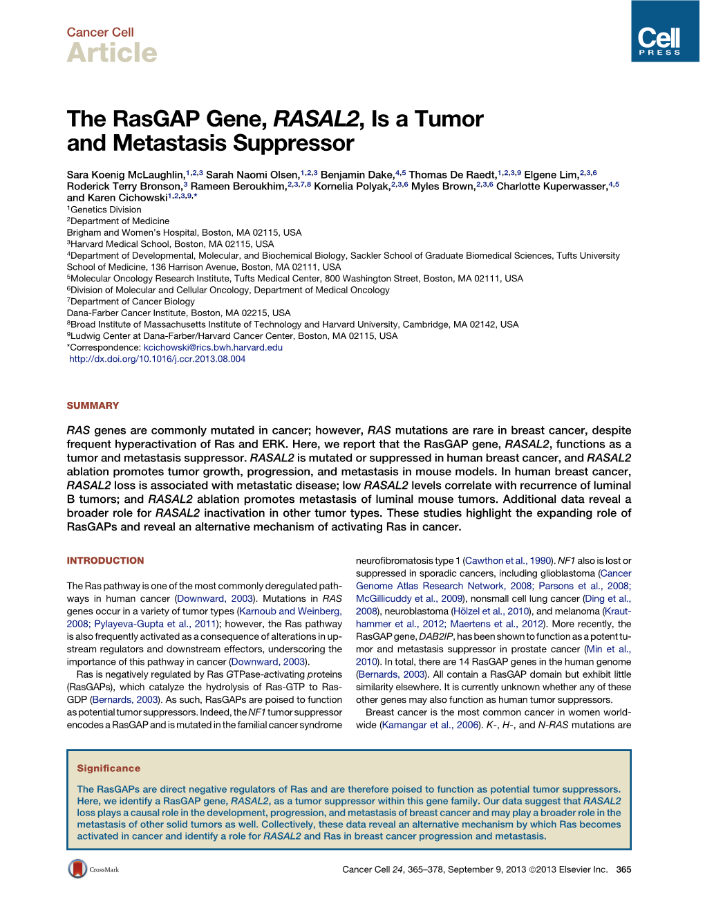 The Rasgap Gene, RASAL2, Is a Tumor And