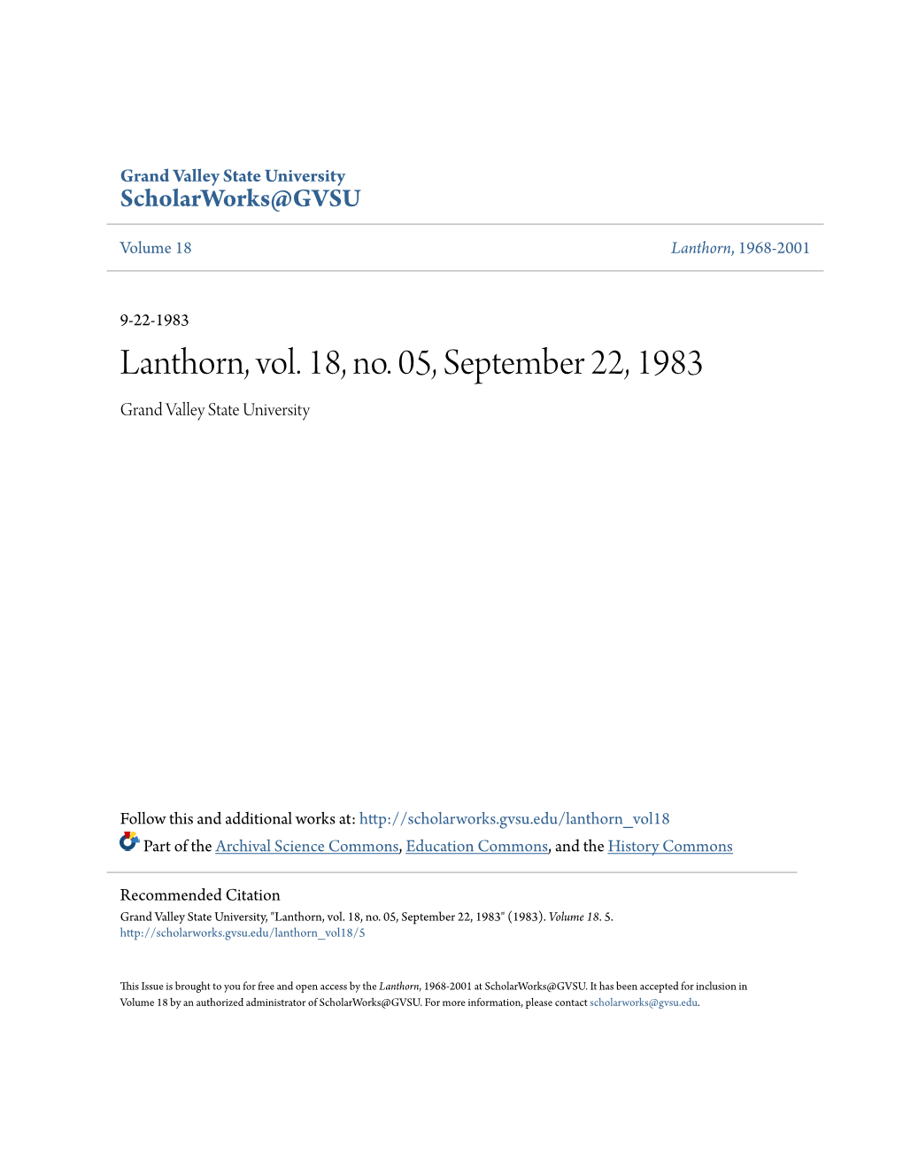 Lanthorn, Vol. 18, No. 05, September 22, 1983 Grand Valley State University