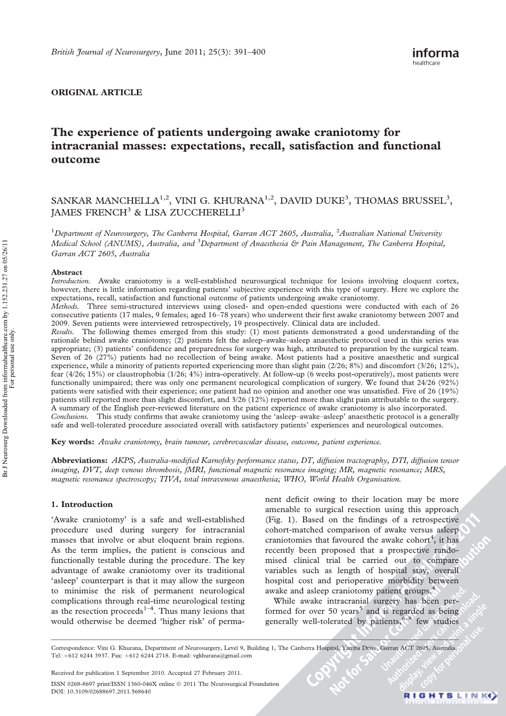 The Experience of Patients Undergoing Awake Craniotomy for Intracranial Masses: Expectations, Recall, Satisfaction and Functional Outcome