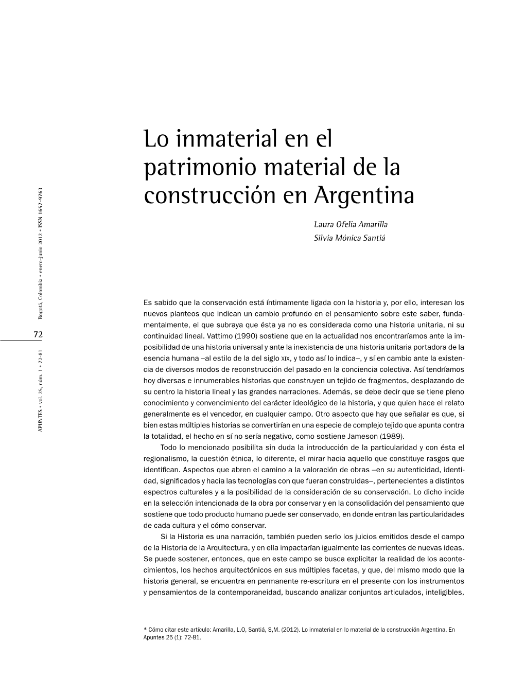 Lo Inmaterial En El Patrimonio Material De La Construcción En Argentina