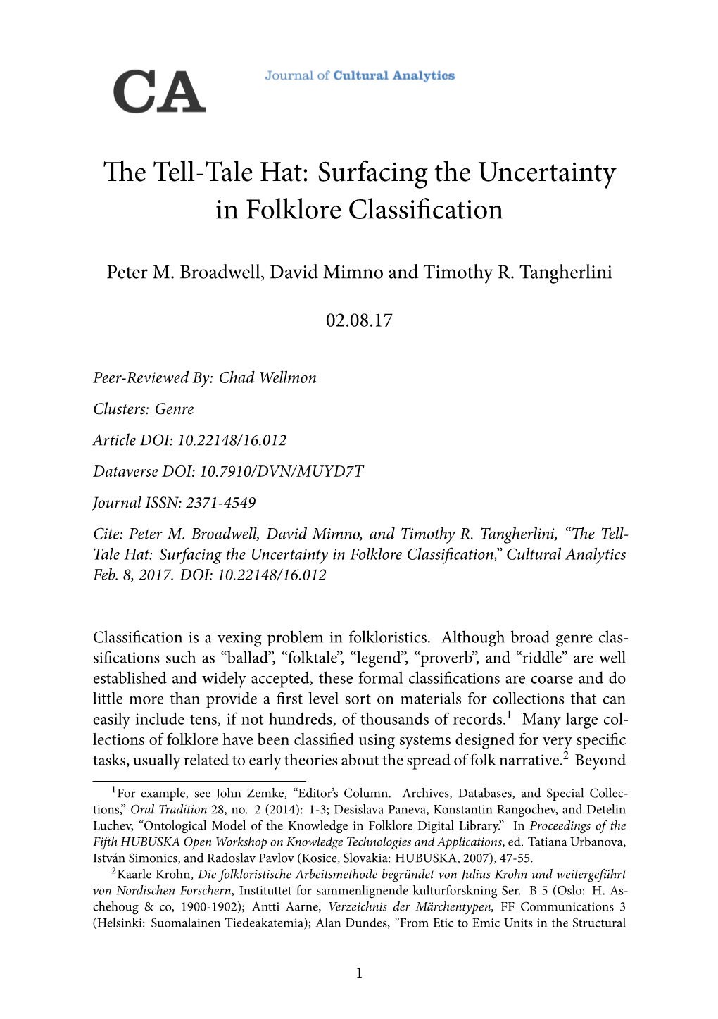 The Tell-Tale Hat: Surfacing the Uncertainty in Folklore Classification