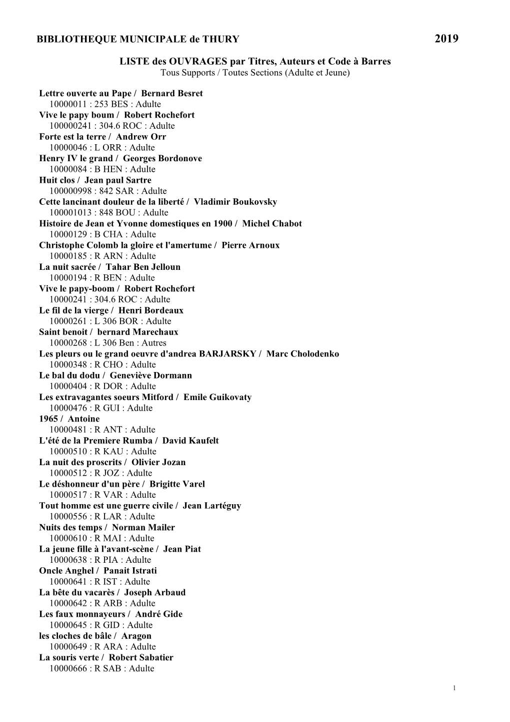 BIBLIOTHEQUE MUNICIPALE De THURY LISTE Des OUVRAGES Par