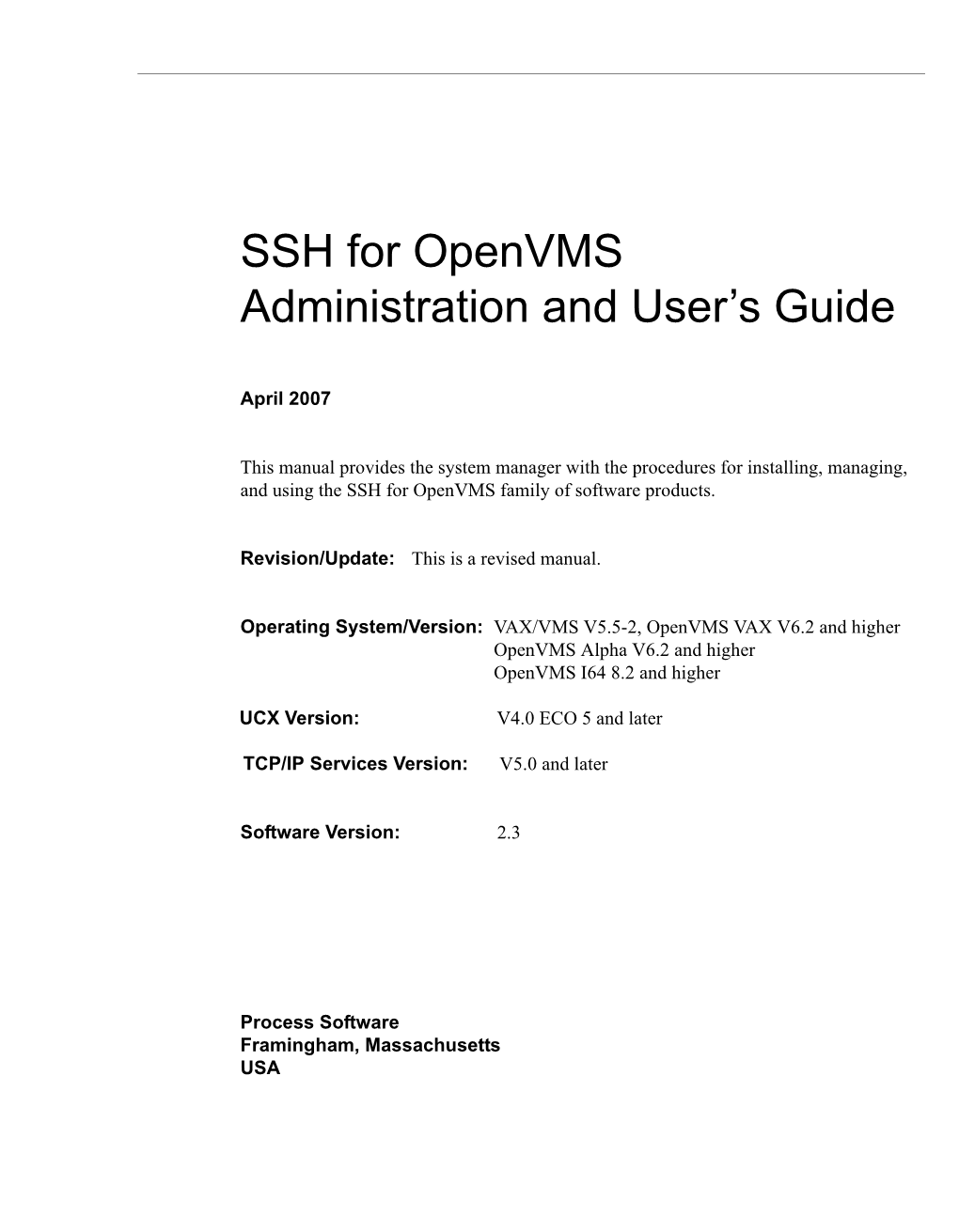 SSH for Openvms Administration and User's Guide