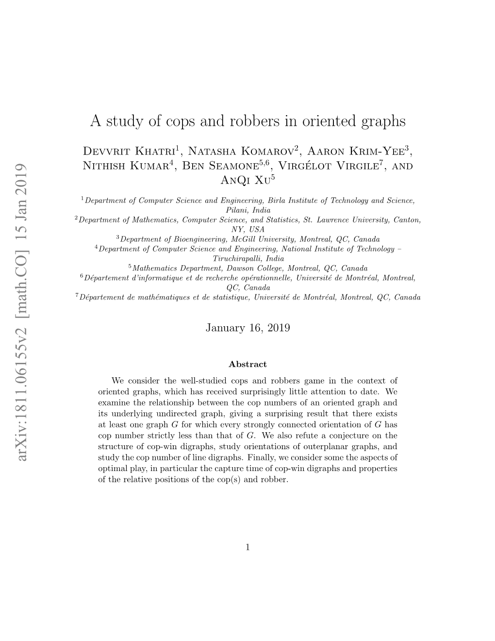 A Study of Cops and Robbers in Oriented Graphs Arxiv:1811.06155V2