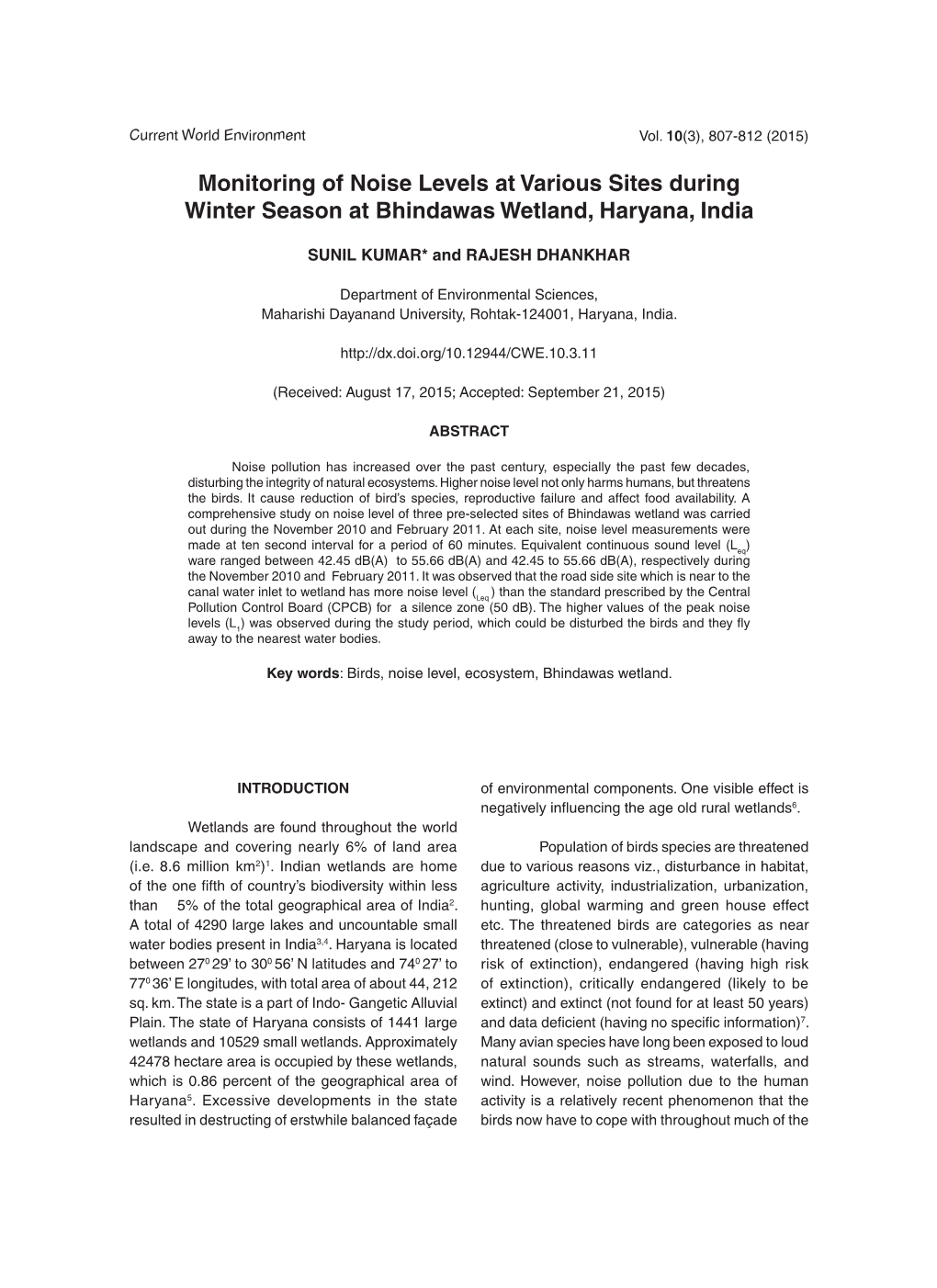 Monitoring of Noise Levels at Various Sites During Winter Season at Bhindawas Wetland, Haryana, India