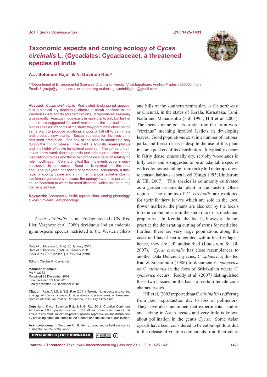 Taxonomic Aspects and Coning Ecology of Cycas Circinalis L