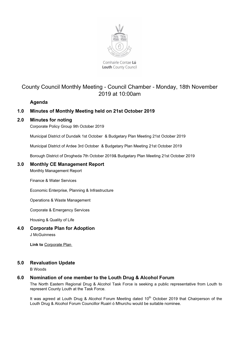 County Council Monthly Meeting (18/11/2019)