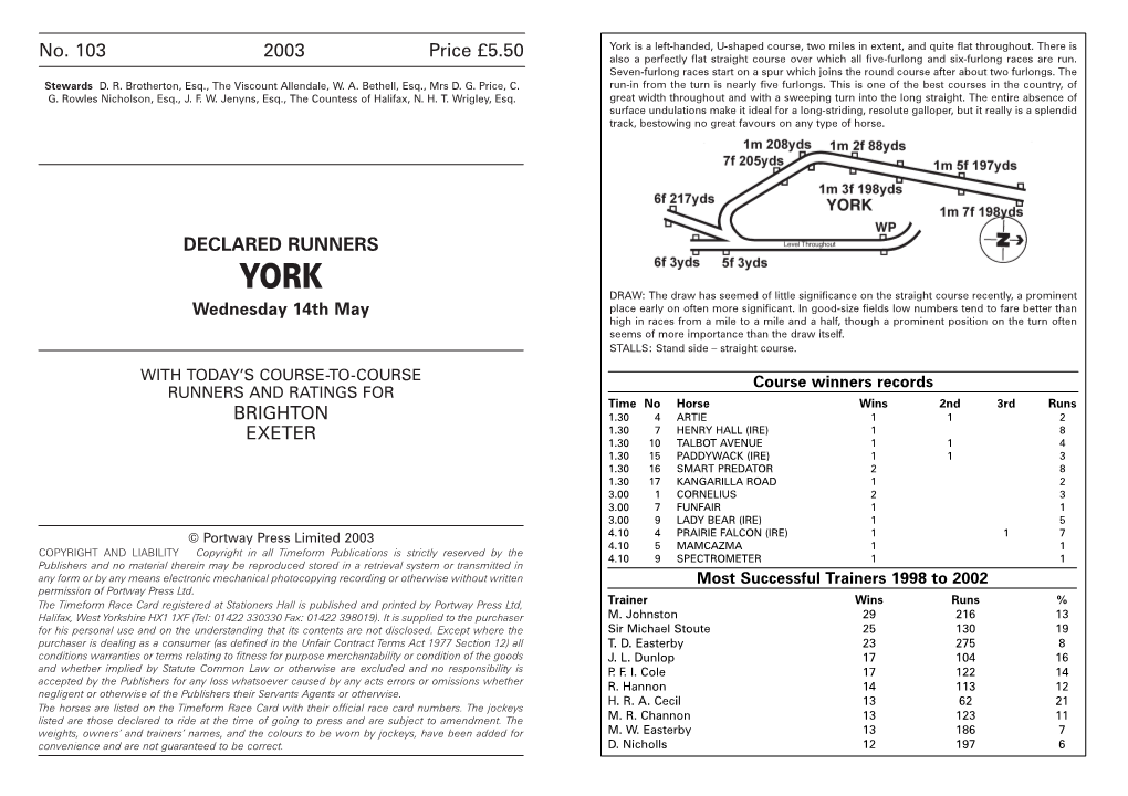 No. 103 2003 Price £5.50 DECLARED RUNNERS BRIGHTON EXETER
