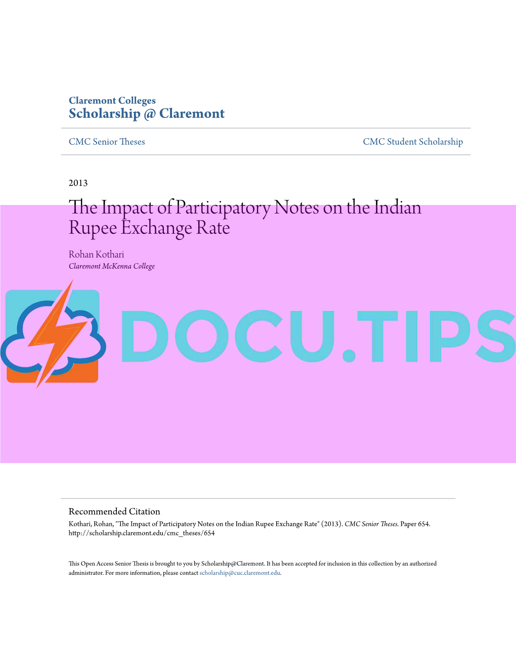 The Impact of Participatory Notes on the Indian Rupee Exchange Rate Rohan Kothari Claremont Mckenna College