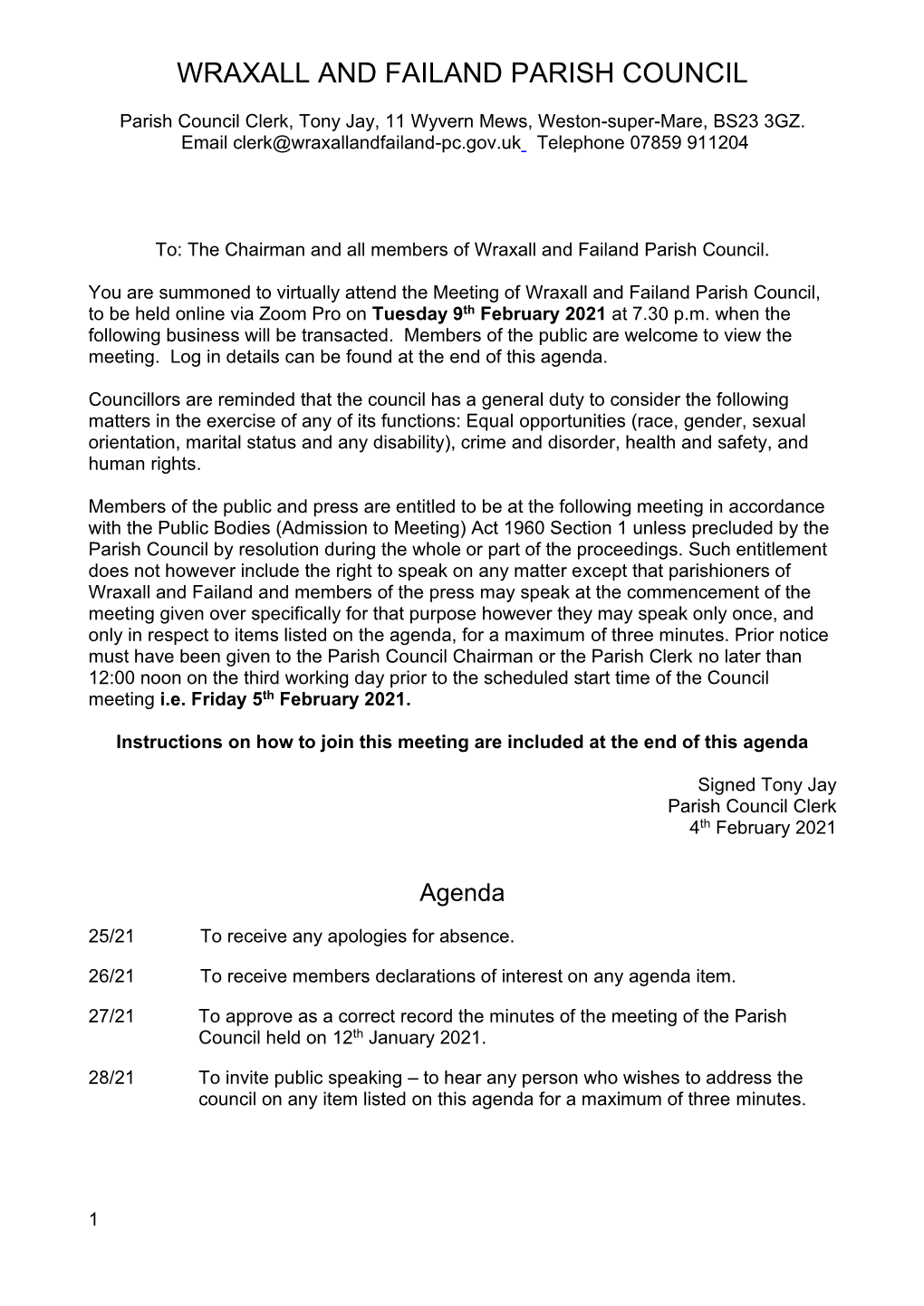 Parish Council Agenda February 2021