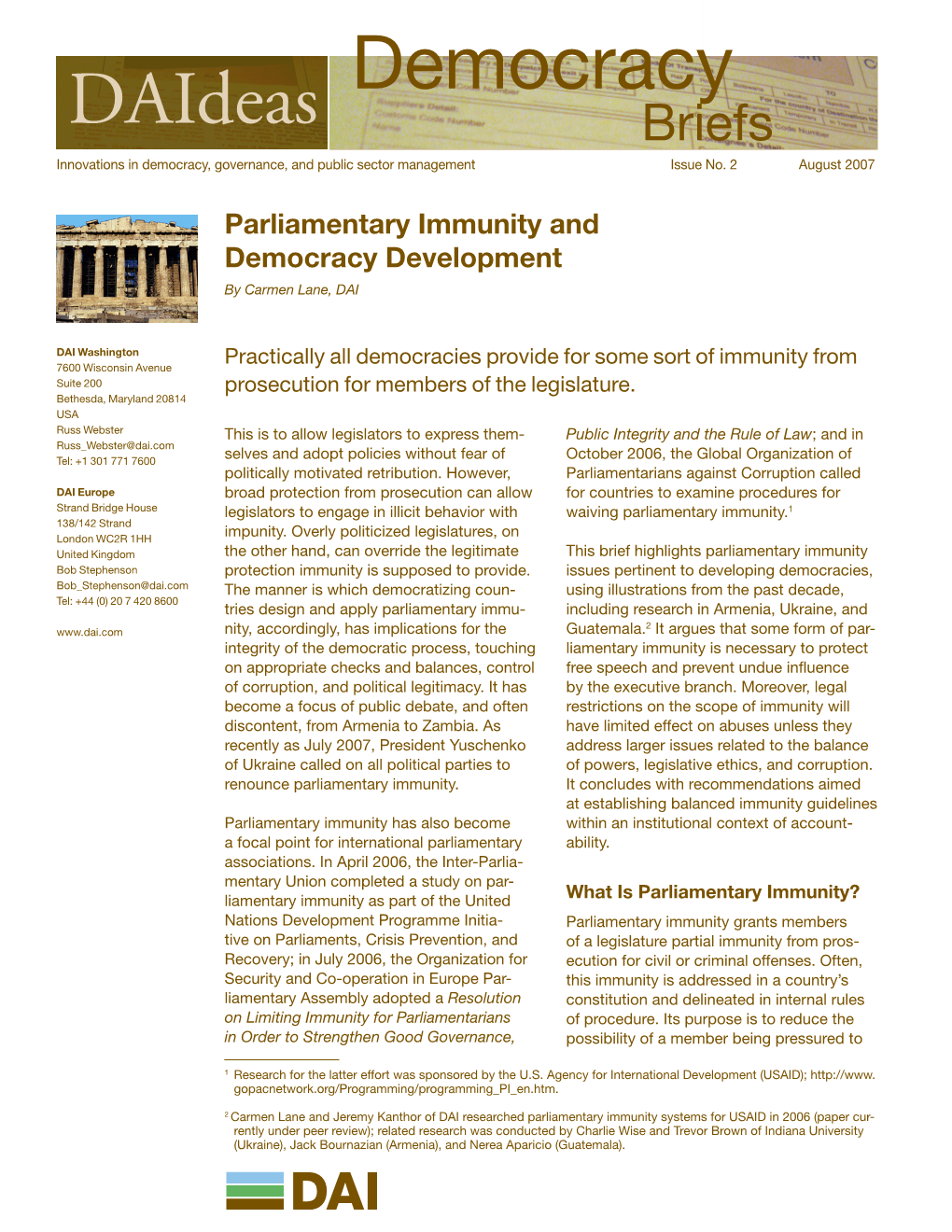 Parliamentary Immunity and Democracy Development by Carmen Lane, DAI