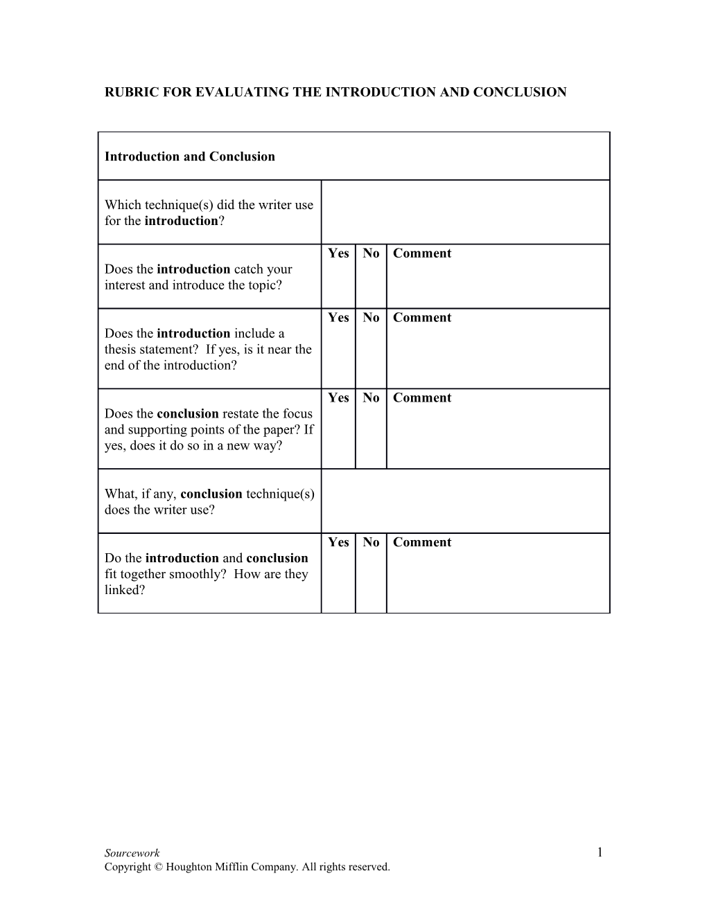 Rubric for Evaluating the Introduction and Conclusion