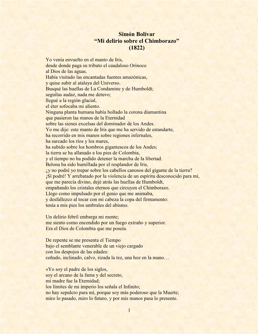 Simón Bolívar “Mi Delirio Sobre El Chimborazo” (1822)