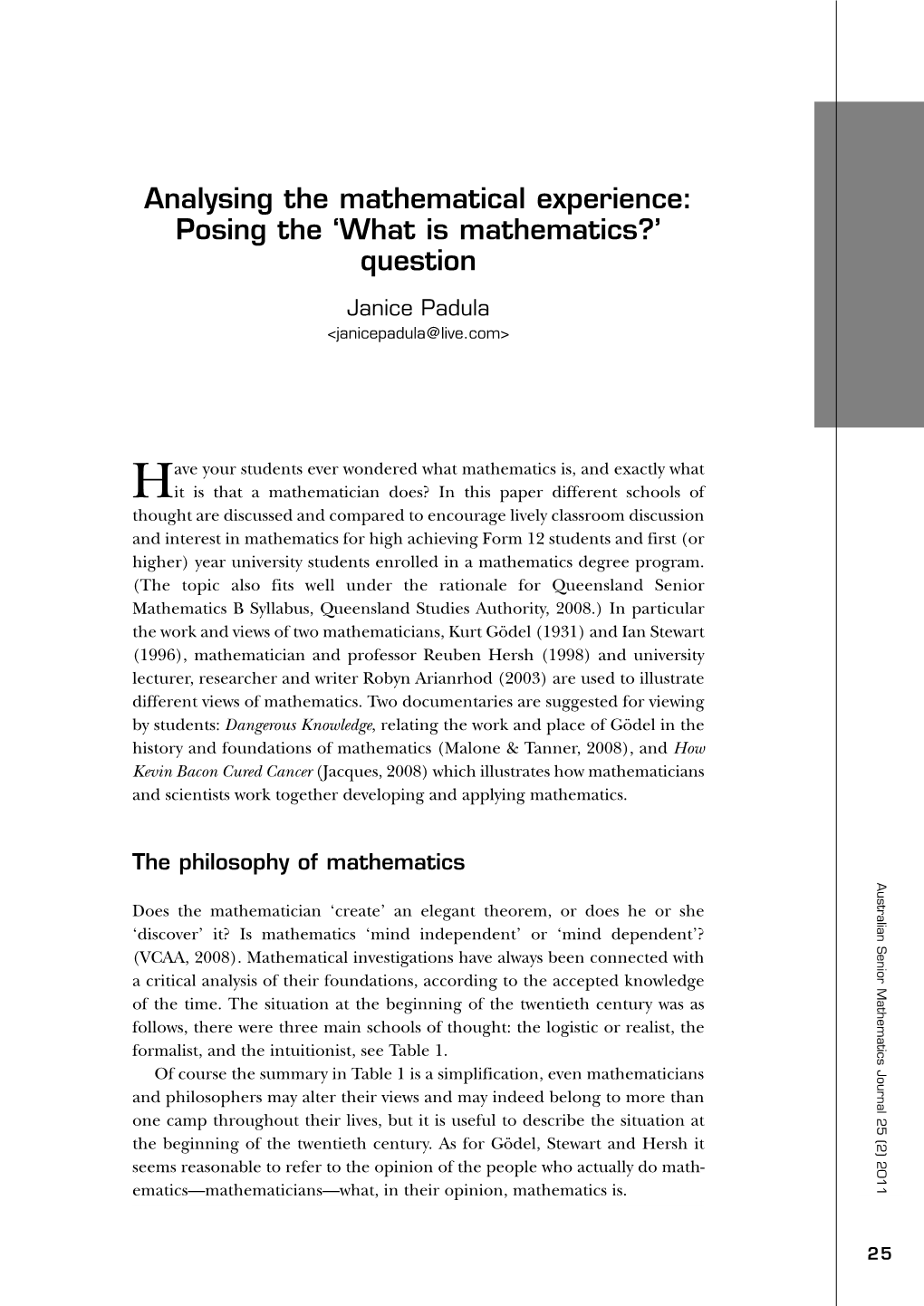 Analysing the Mathematical Experience: Posing the ‘What Is Mathematics?’ Question