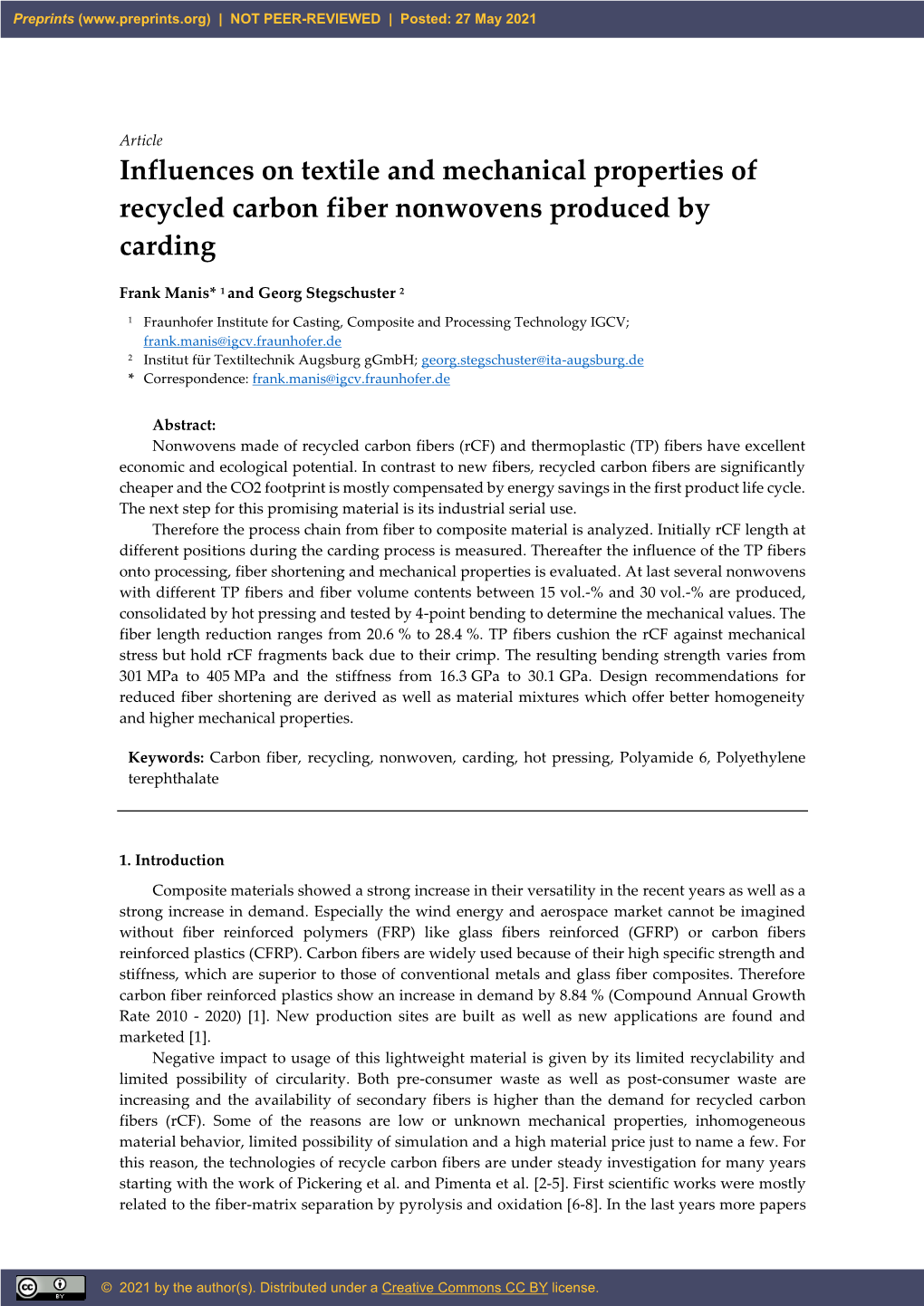 Influences on Textile and Mechanical Properties of Recycled Carbon Fiber Nonwovens Produced by Carding