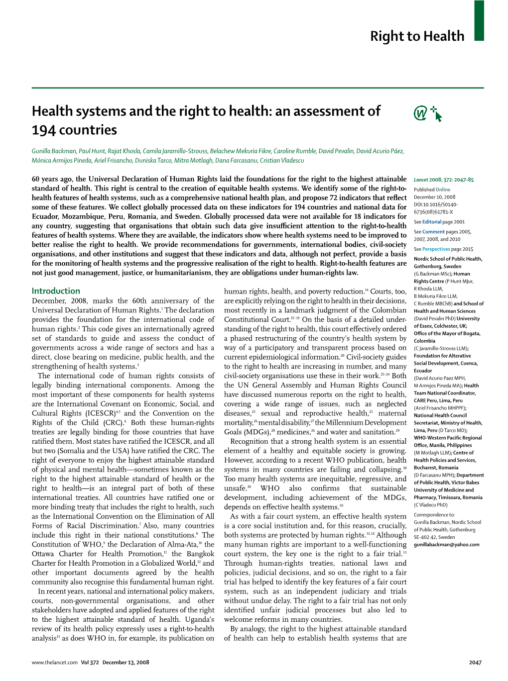 Health Systems and the Right to Health: an Assessment of 194 Countries