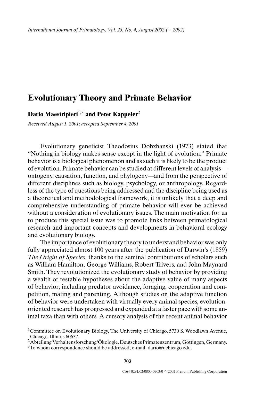 Evolutionary Theory and Primate Behavior