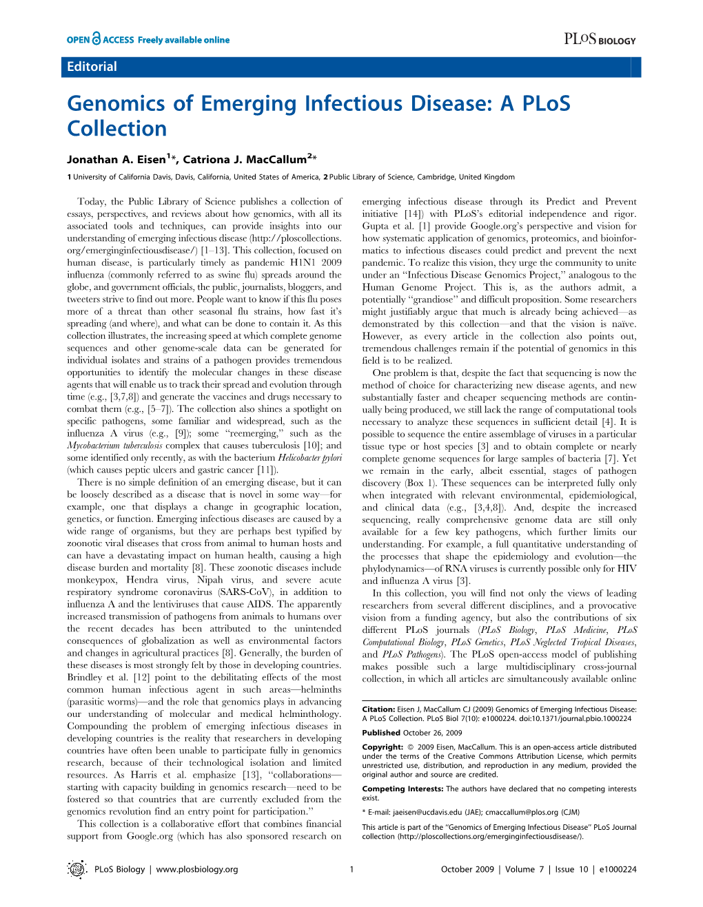 Genomics of Emerging Infectious Disease: a Plos Collection