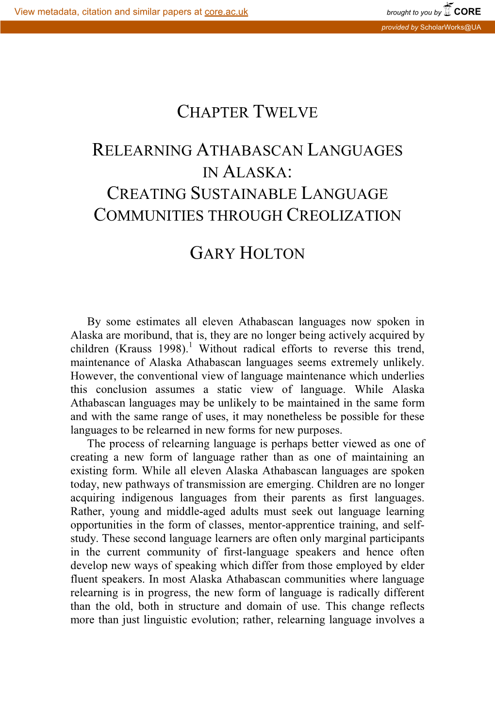 Relearning Athabascan Languages in Alaska : Creating Sustainable Language Communities Through Creolization
