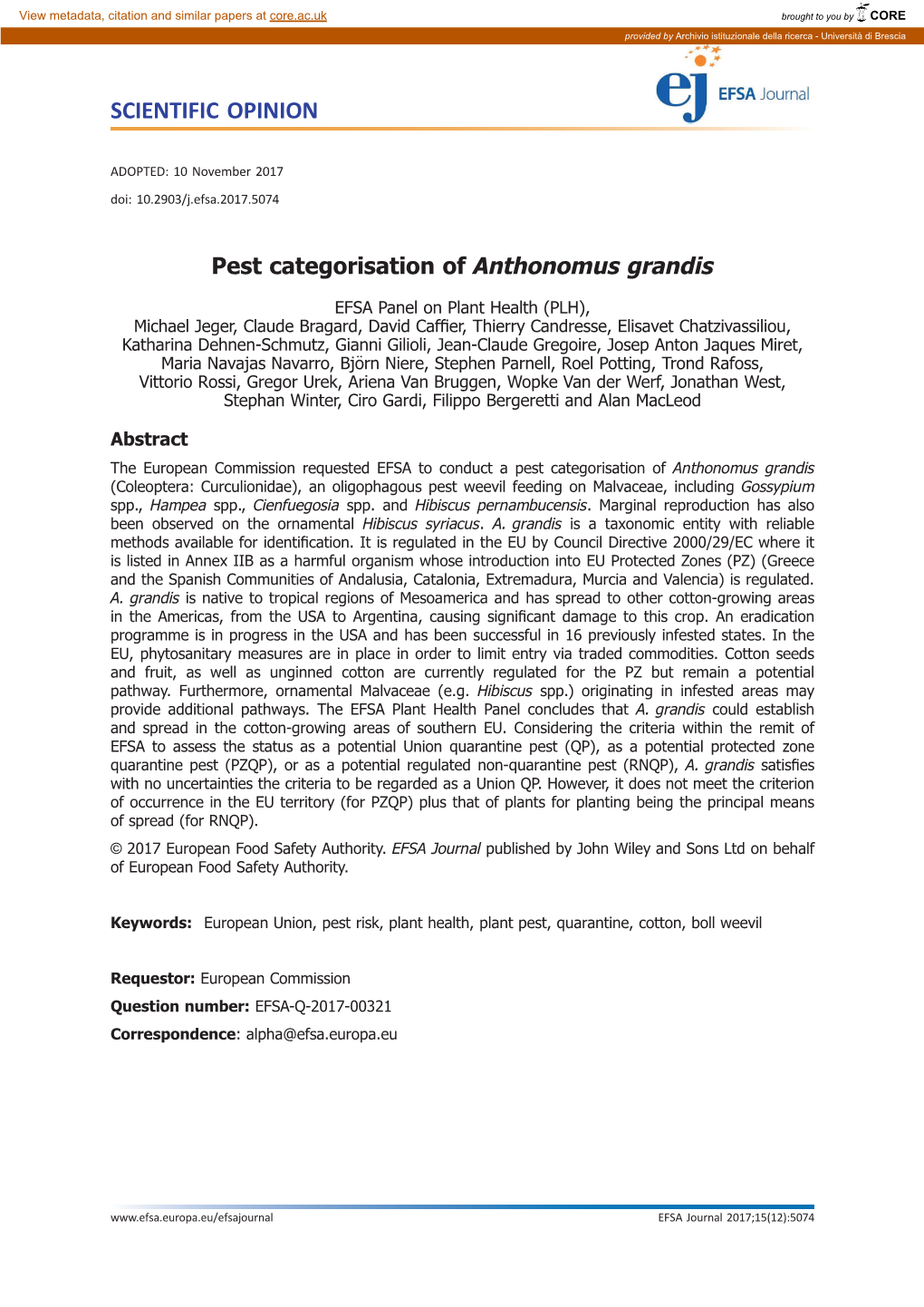 Pest Categorisation of Anthonomus Grandis