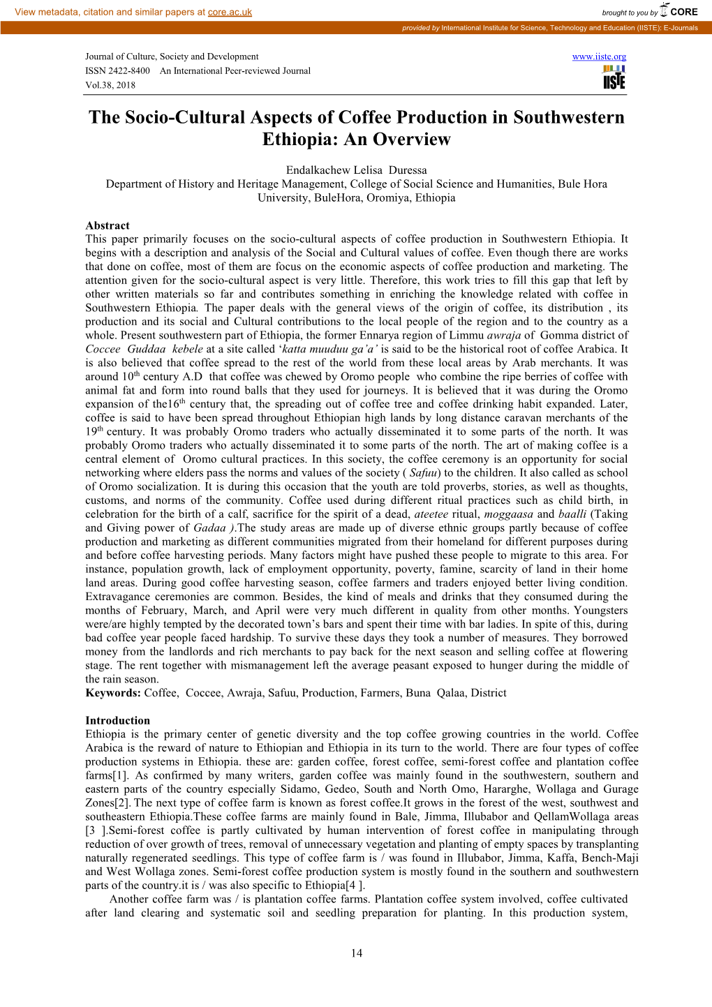 The Socio-Cultural Aspects of Coffee Production in Southwestern Ethiopia: an Overview