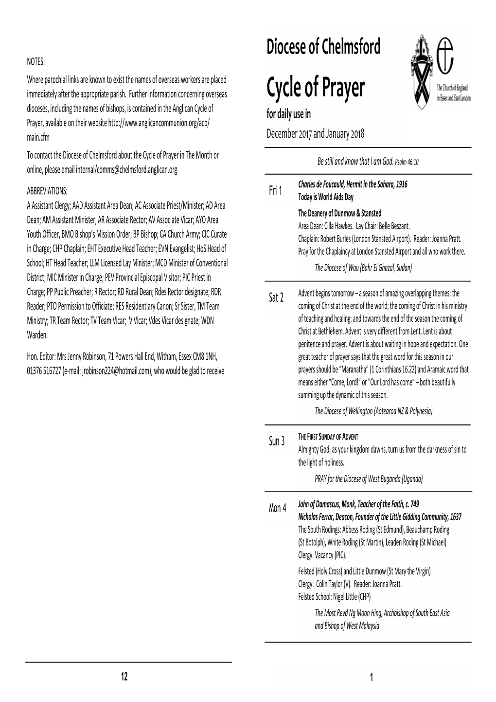 December 2017 and January 2018 to Contact the Diocese of Chelmsford About the Cycle of Prayer in the Month Or Be Still and Know That I Am God