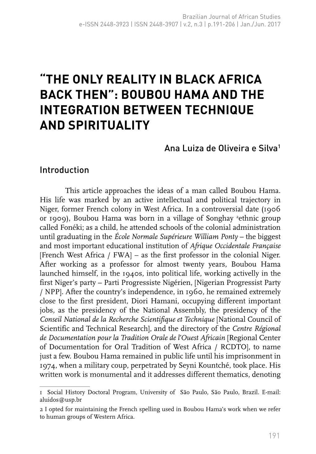 “The Only Reality in Black Africa Back Then”: Boubou Hama and the Integration Between Technique and Spirituality