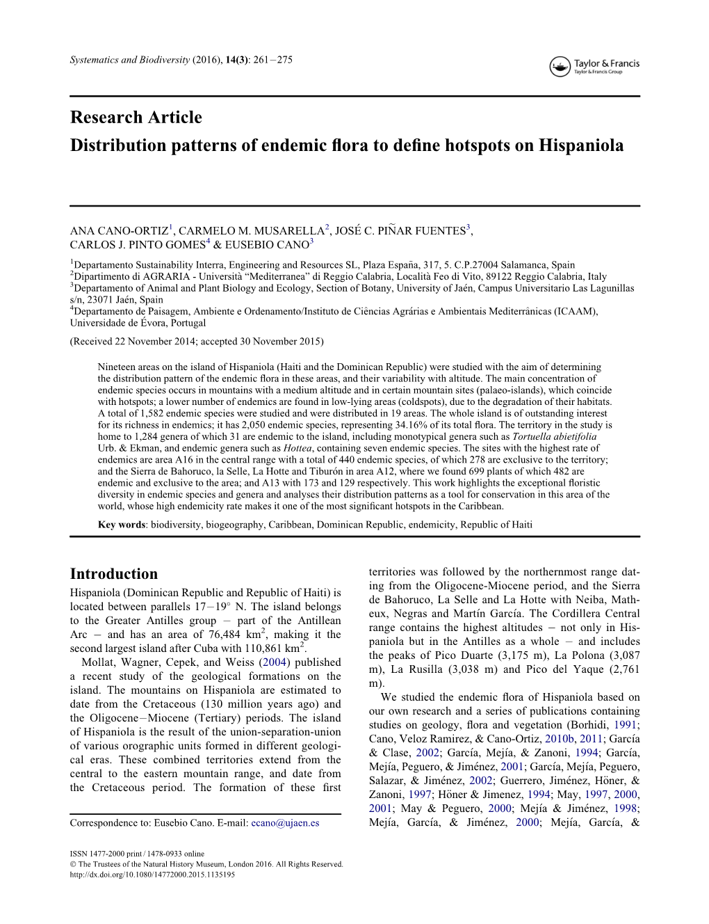 Distribution Patterns of Endemic Flora to Define Hotspots on Hispaniola