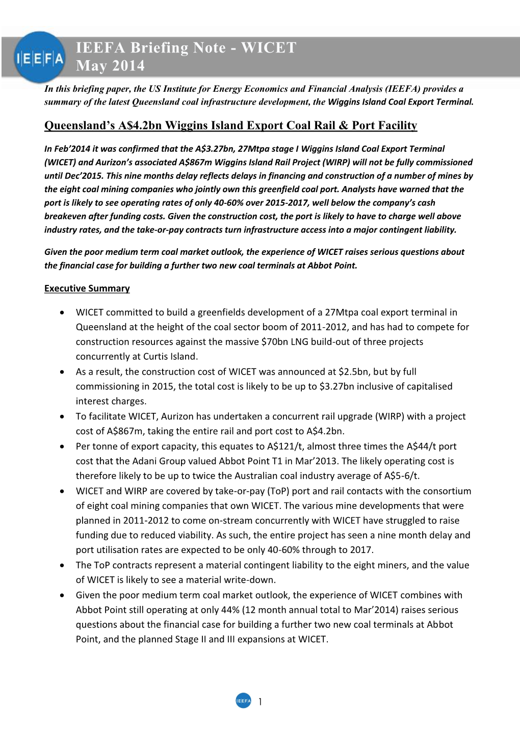 IEEFA Briefing Note - WICET May 2014