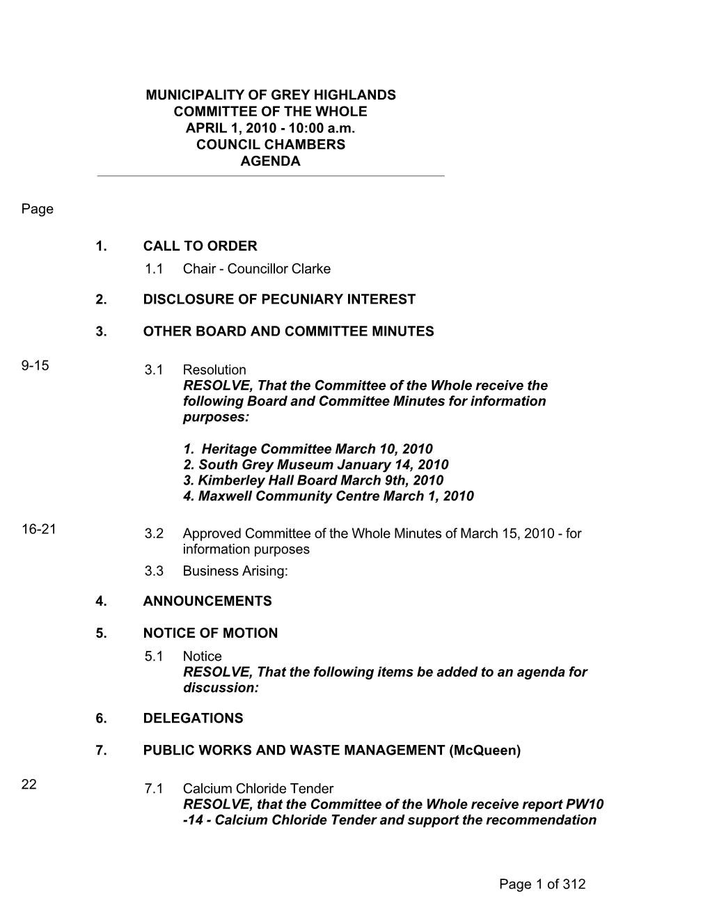 MUNICIPALITY of GREY HIGHLANDS COMMITTEE of the WHOLE APRIL 1, 2010 - 10:00 A.M