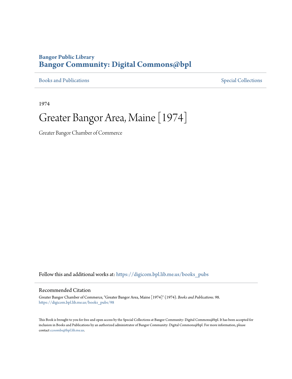 Greater Bangor Area, Maine [1974] Greater Bangor Chamber of Commerce