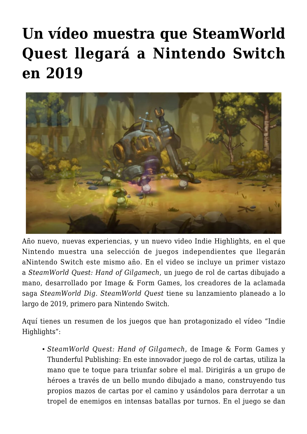 Un Vídeo Muestra Que Steamworld Quest Llegará a Nintendo Switch En 2019